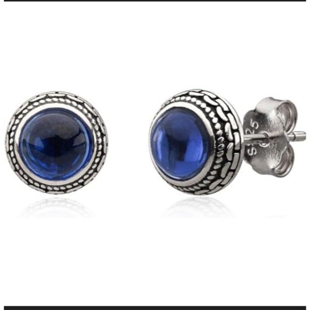 Iolite Cabochon Blue Quartz Stone Stud Earrings Sterling Silver